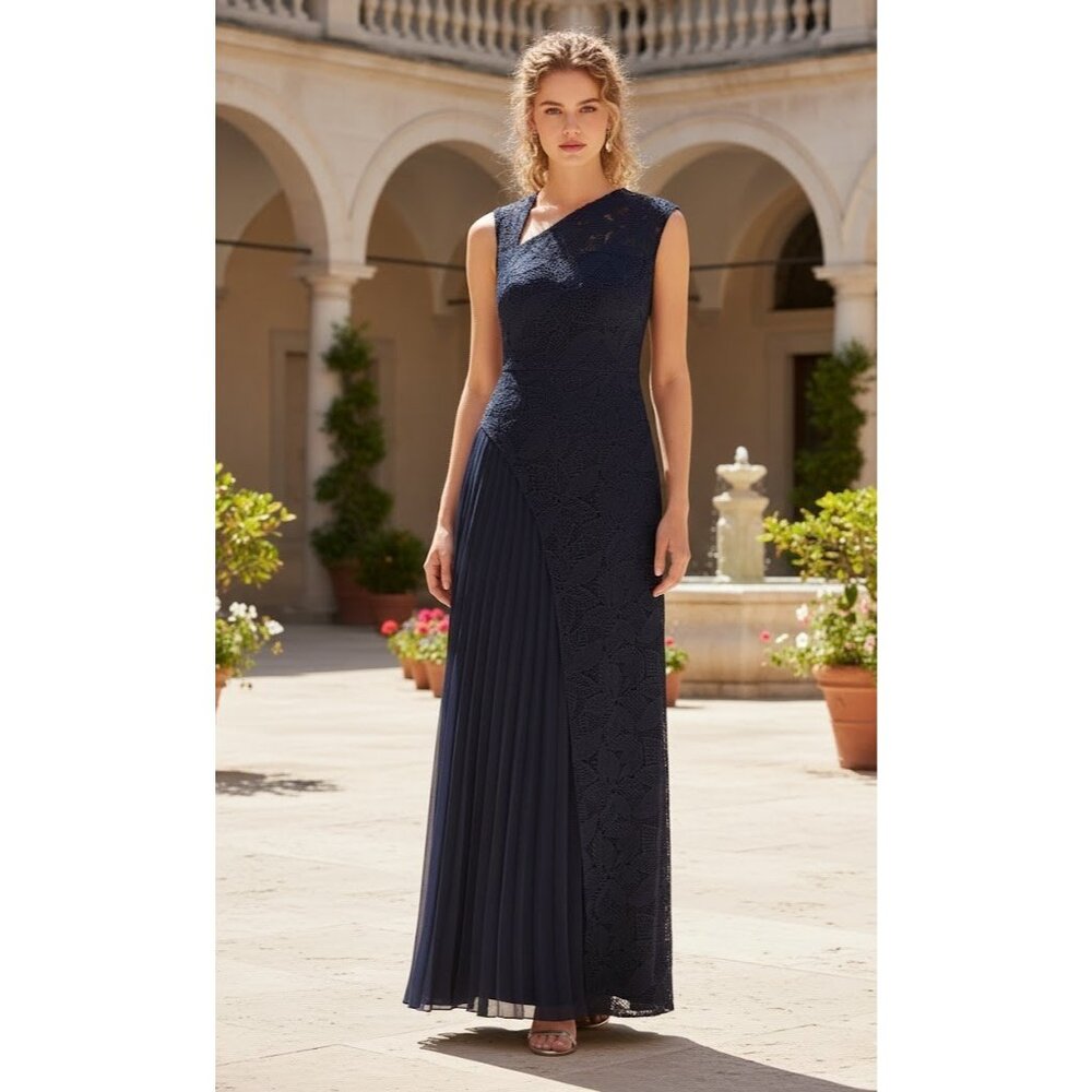 NWT Kay Unger Dianna Gown in Dark Midnight Blue Lace Overlay Maxi Dress 6 $368